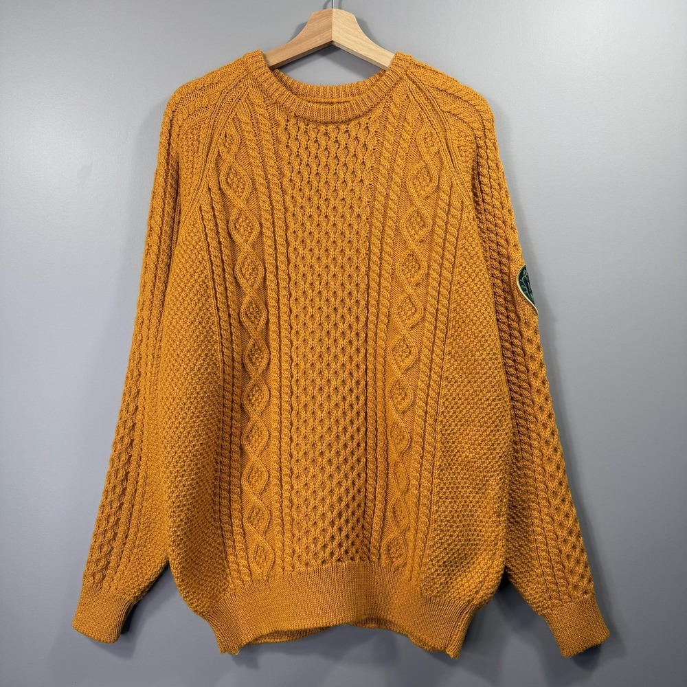 NOAH Sweater Mens XL Yellow 100% British Wool Cable Knit Crewneck Pullover